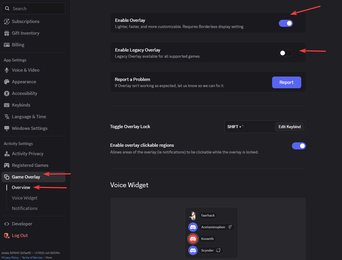 Discord overlay setup for Ancient cheats: Game Overlay → Overview → Enable Overlay on, Enable Legacy Overlay off