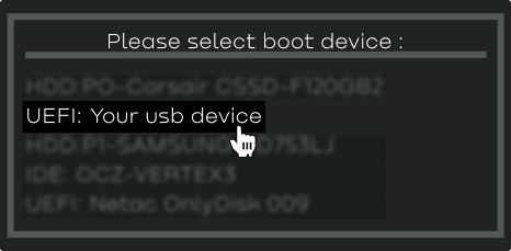 Boot device selection menu in BIOS — choosing a UEFI USB device