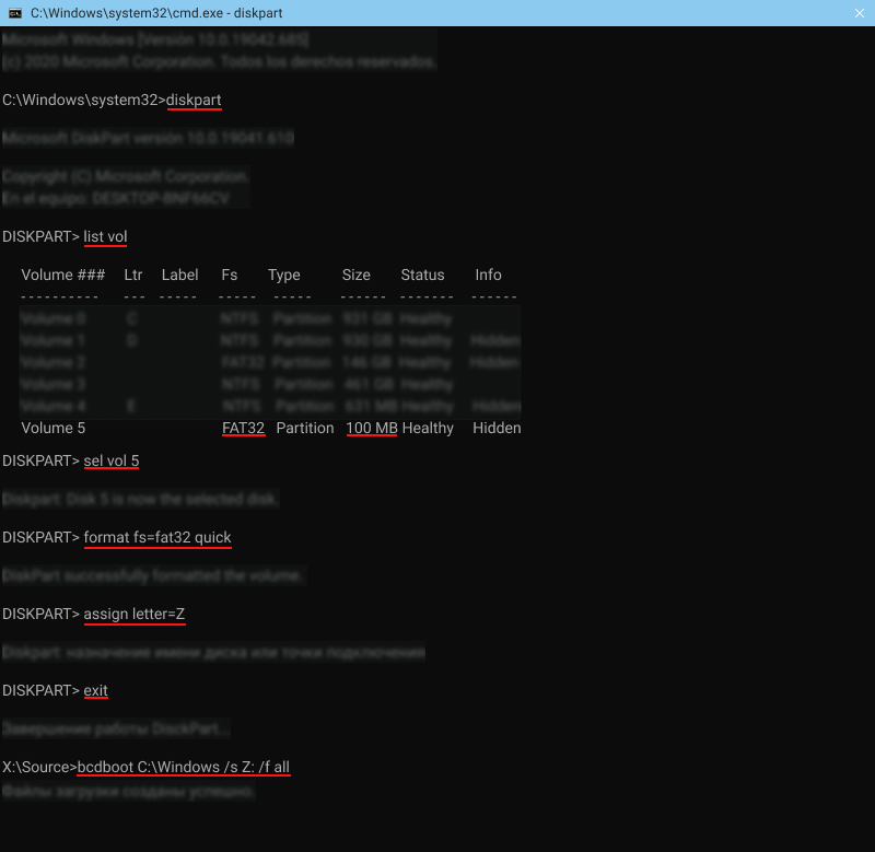 Command Prompt with DiskPart and bcdboot commands executed — Windows bootloader repair